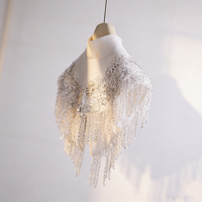 Hand embellished ivory wedding cape with pearl bead fringe and sparkling details, elegant bridal shoulder cover.