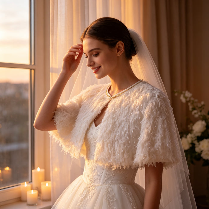 Luxury ivory feather bridal capelet handcrafted with soft layered feathers for elegant wedding dresses.