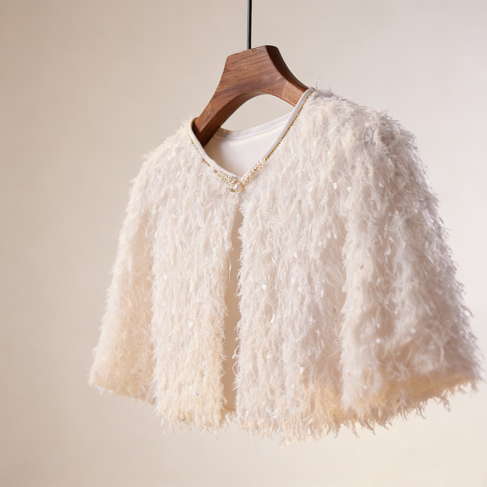 Luxury ivory feather bridal capelet handcrafted with soft layered feathers for elegant wedding dresses.