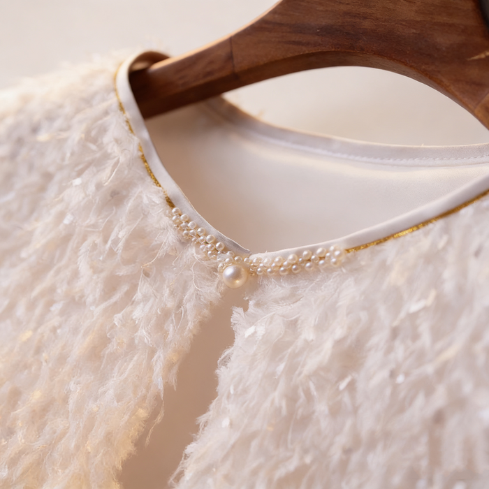 Luxury ivory feather bridal capelet handcrafted with soft layered feathers for elegant wedding dresses.