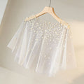 Ivory pearl bridal capelet with hand-sewn pearls and sheer chiffon tulle, elegant wedding dress shoulder cover.