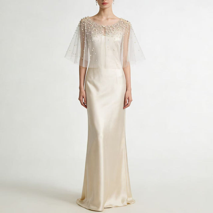 Handmade pearl embellished wedding capelet for brides, ivory chiffon bridal shawl and formal dress accessory.