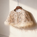 Ivory sequin bridal capelet with hand beaded embroidery and feather trim, luxury short wedding shawl for bridal gown.
