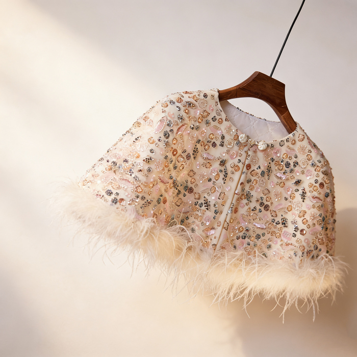 Ivory sequin bridal capelet with hand beaded embroidery and feather trim, luxury short wedding shawl for bridal gown.