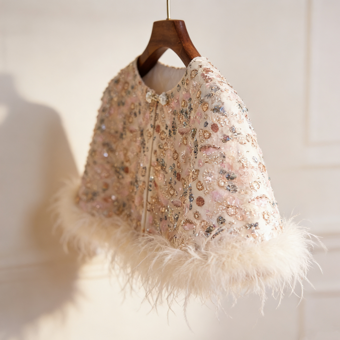 Ivory sequin bridal capelet with hand beaded embroidery and feather trim, luxury short wedding shawl for bridal gown.