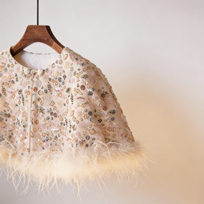 Ivory sequin bridal capelet with hand beaded embroidery and feather trim, luxury short wedding shawl for bridal gown.