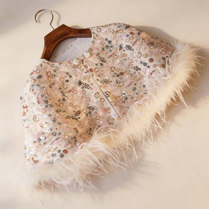 Ivory sequin bridal capelet with hand beaded embroidery and feather trim, luxury short wedding shawl for bridal gown.