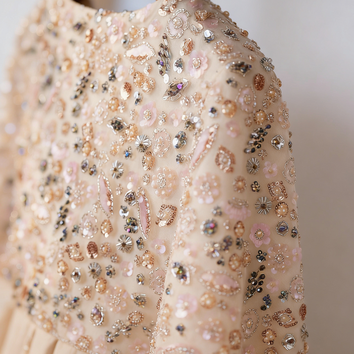 Ivory sequin bridal capelet with hand beaded embroidery and feather trim, luxury short wedding shawl for bridal gown.