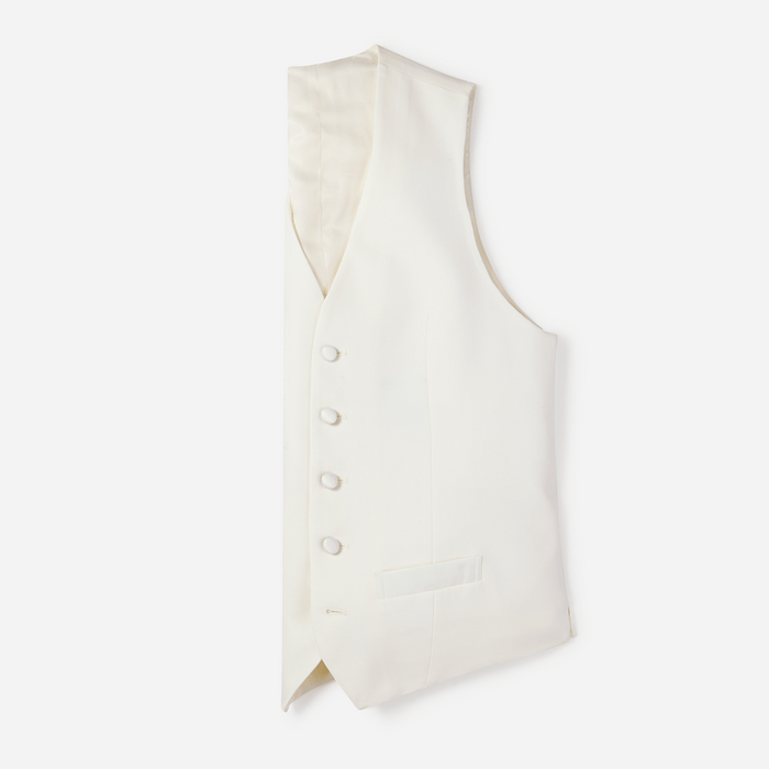 Ivory tuxedo vest hanging at an angle, front buttons and lining visible