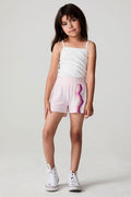 Full body front view of a girl wearing the Chaser Jade Begonia Shorts on a neutral background