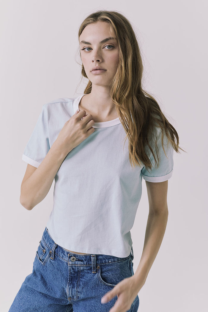 Chaser Jamesonn Tee in White and Mineral Butter shown front view featuring a relaxed fit and clean ringer neckline