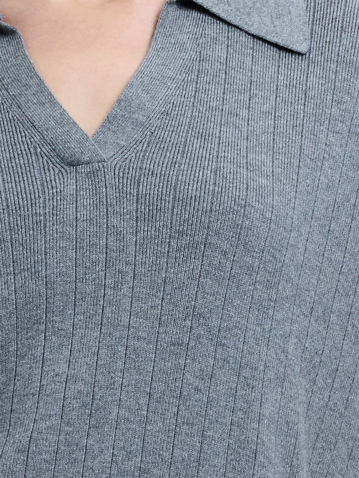 Javier Knit V-Neck Grey Collared Top