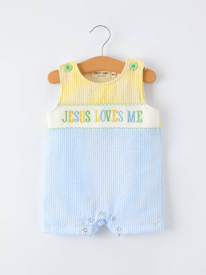 "Jesus Loves Me "Embroidered Baby Boy Romper