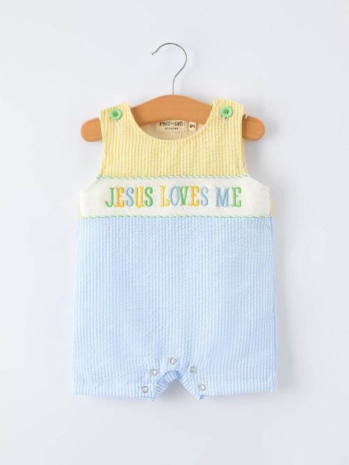 "Jesus Loves Me "Embroidered Baby Boy Romper