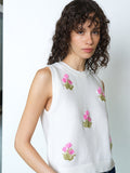 Junie Sleeveless Floral Applique White Knit Vest