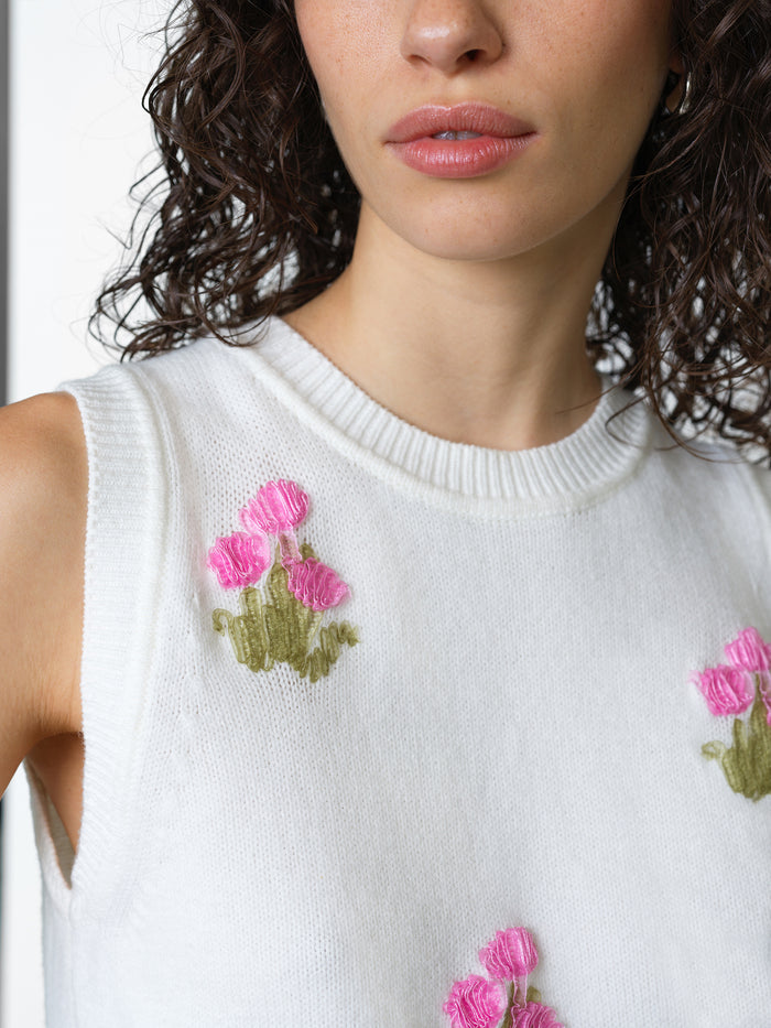 Junie Sleeveless Floral Applique White Knit Vest