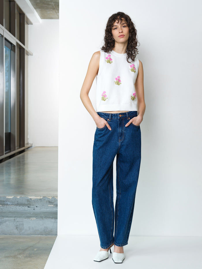 Junie Sleeveless Floral Applique White Knit Vest