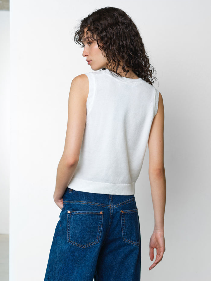 Junie Sleeveless Floral Applique White Knit Vest