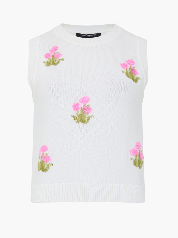 Junie Sleeveless Floral Applique White Knit Vest