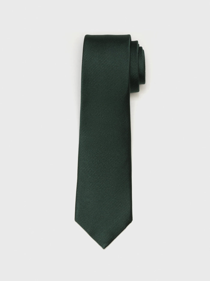 Juniper silk necktie with twill texture, rolled at the top on a white background.