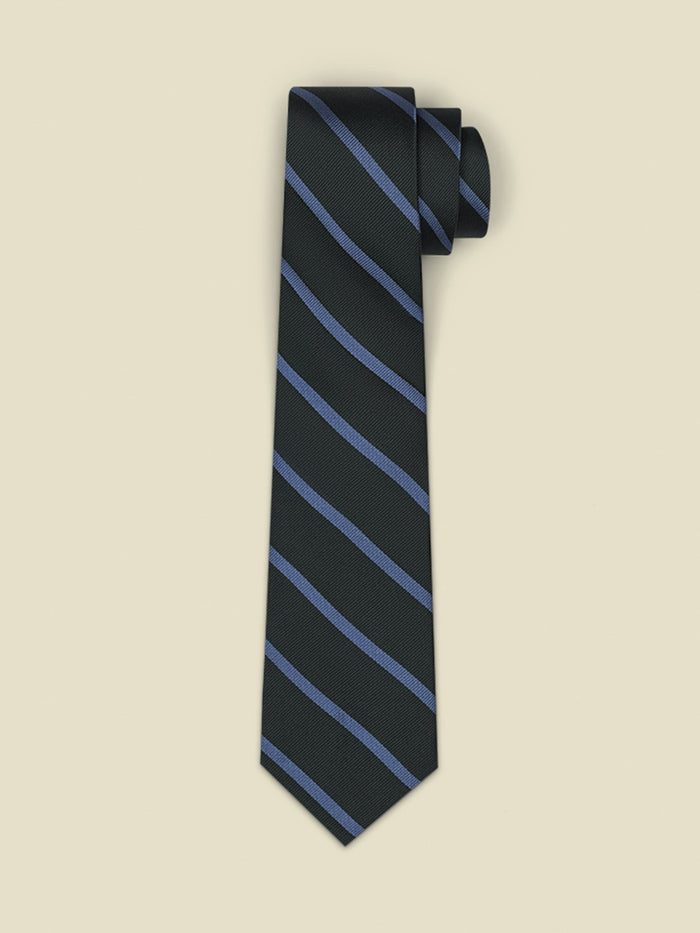 Juniper necktie with diagonal periwinkle stripes, rolled on a cream background.
