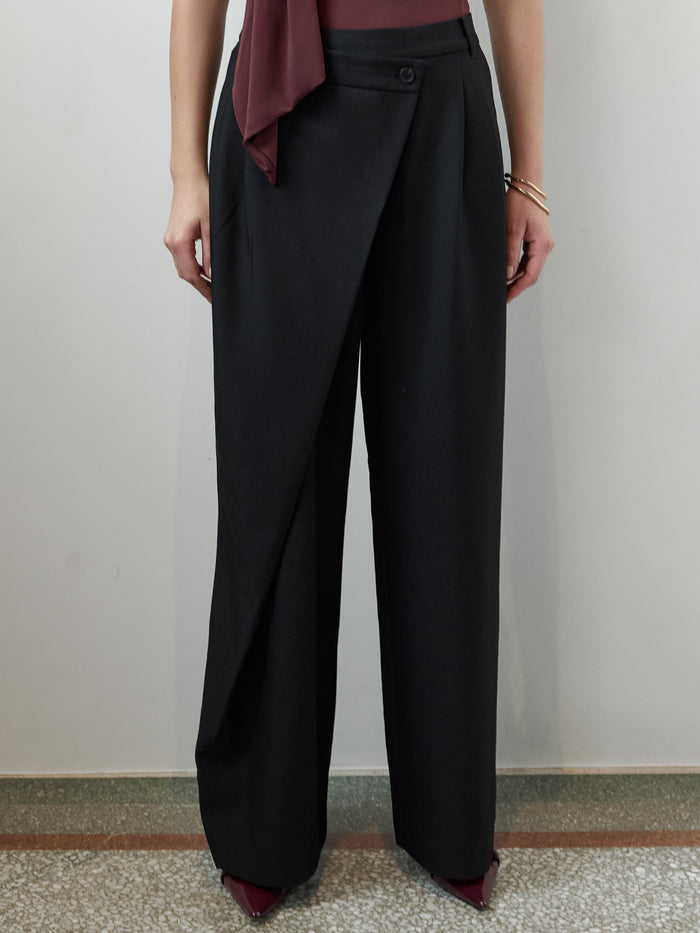 Junis Black Asymmetric Wide Leg Trousers