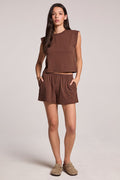 A full body front view of a woman wearing the Chaser Kahlua Harper Shorts on a neutral background
