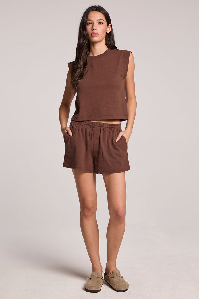 A full body front view of a woman wearing the Chaser Kahlua Harper Shorts on a neutral background
