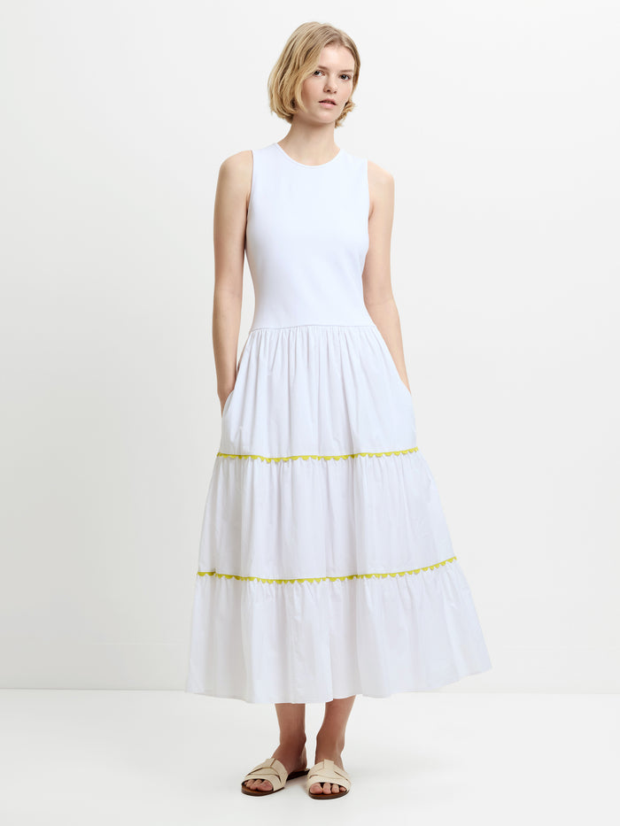 Kayle Mix Tiered Ric Rac White Midi Dress