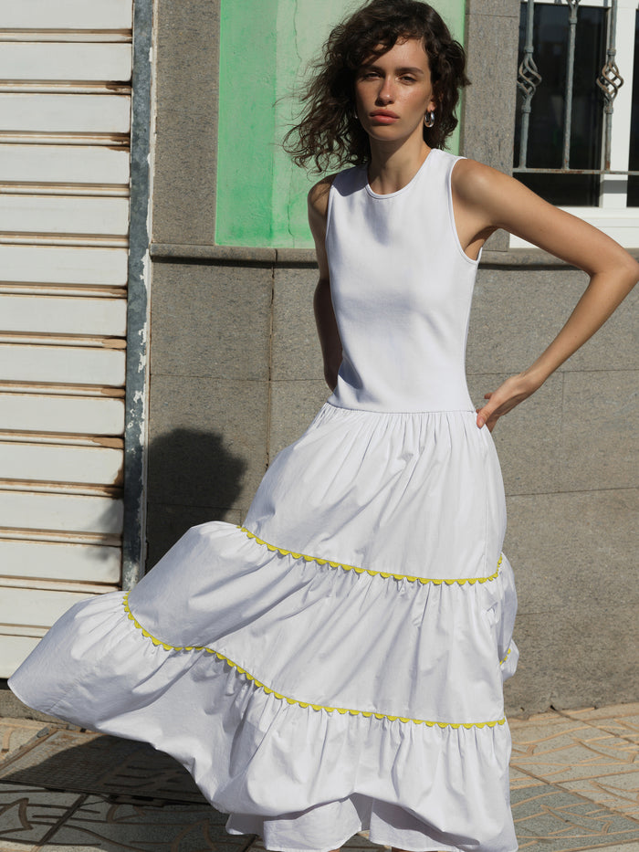 Kayle Mix Tiered Ric Rac White Midi Dress