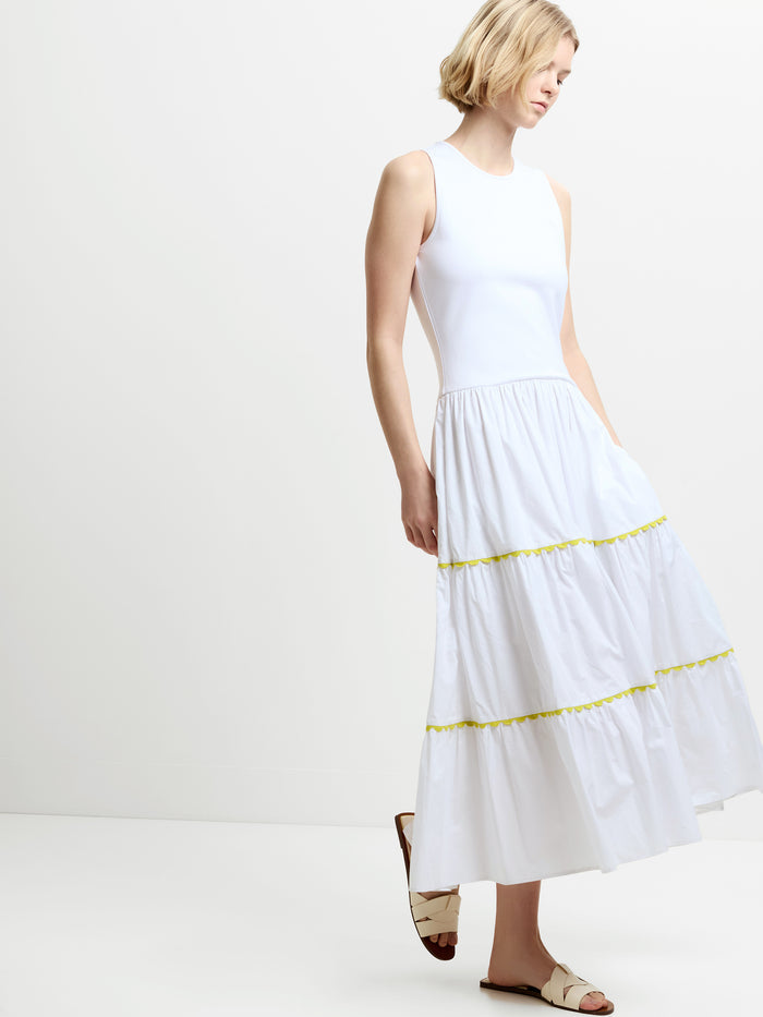 Kayle Mix Tiered Ric Rac White Midi Dress