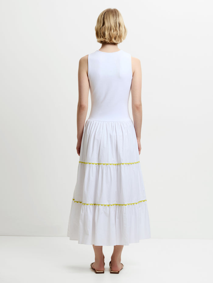 Kayle Mix Tiered Ric Rac White Midi Dress