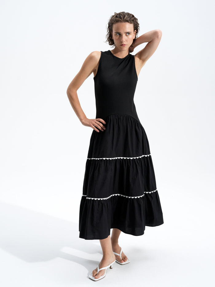Kaylie Mix Tiered Ric Rac Monochrome Midi Dress