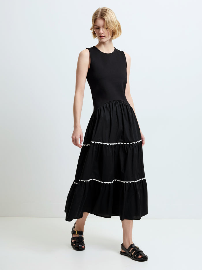 Kaylie Mix Tiered Ric Rac Monochrome Midi Dress