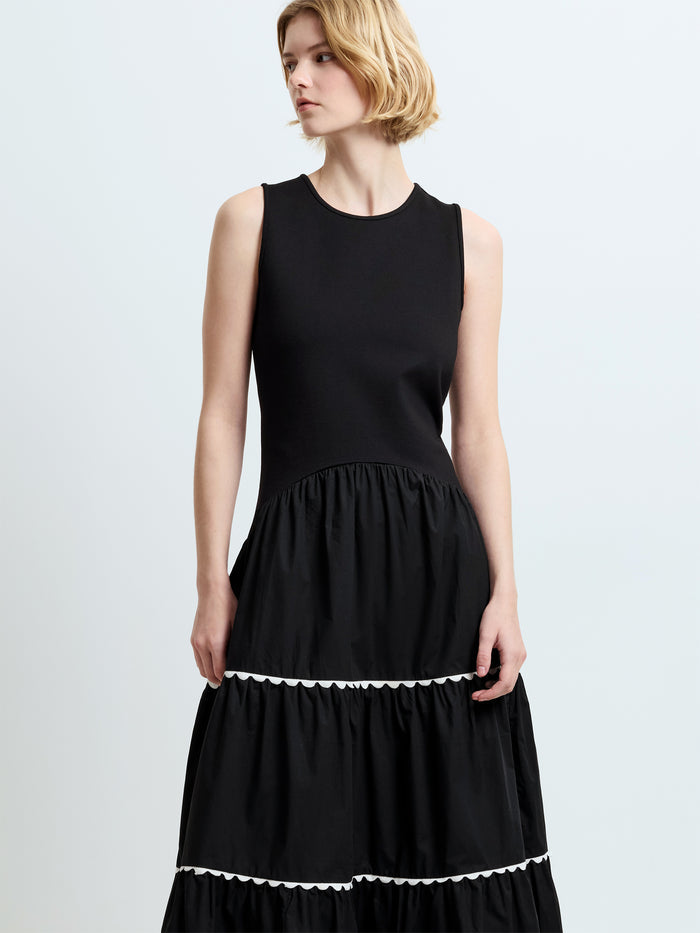 Kaylie Mix Tiered Ric Rac Monochrome Midi Dress