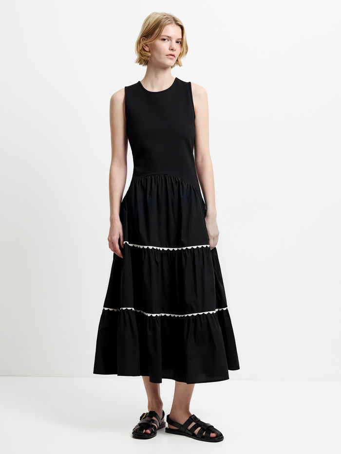 Kaylie Mix Tiered Ric Rac Monochrome Midi Dress