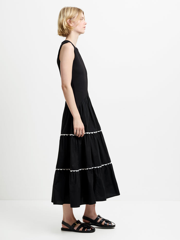 Kaylie Mix Tiered Ric Rac Monochrome Midi Dress