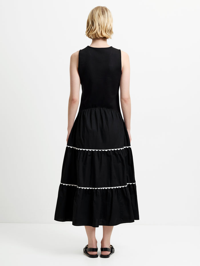 Kaylie Mix Tiered Ric Rac Monochrome Midi Dress