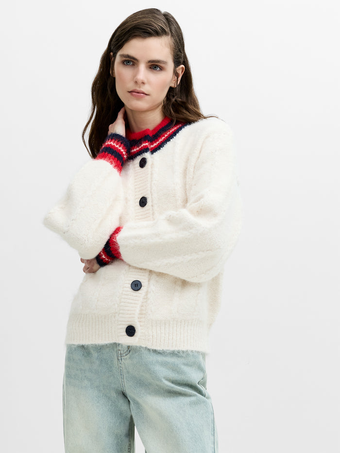 Kenley Recycled Cream Contrast Trim Brushed Cardigan