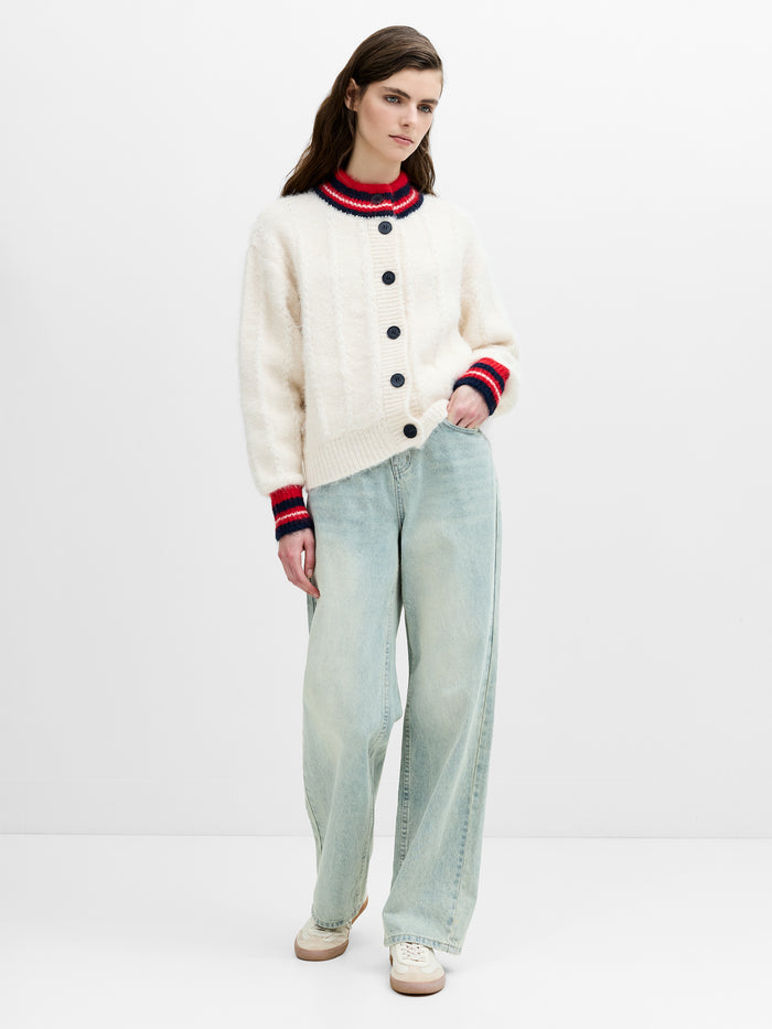 Kenley Recycled Cream Contrast Trim Brushed Cardigan