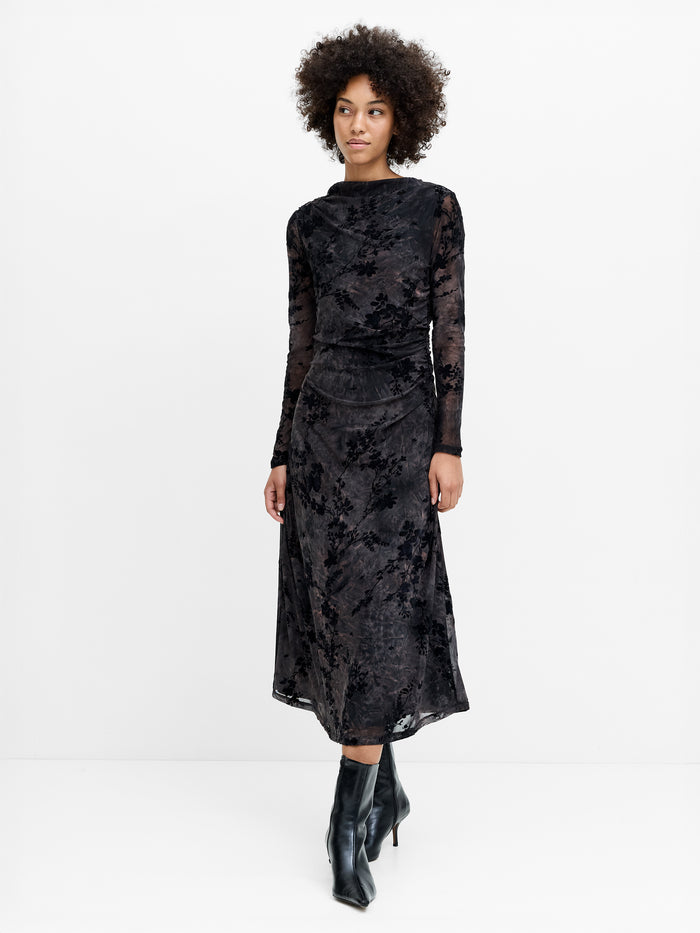 Kenny Floral Velvet Devore Mesh Midi Dress