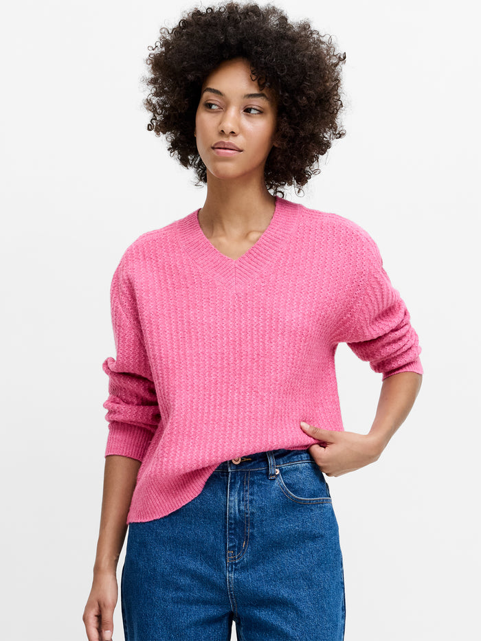 Kezia Pink Textured Knit V-Neck Jumper