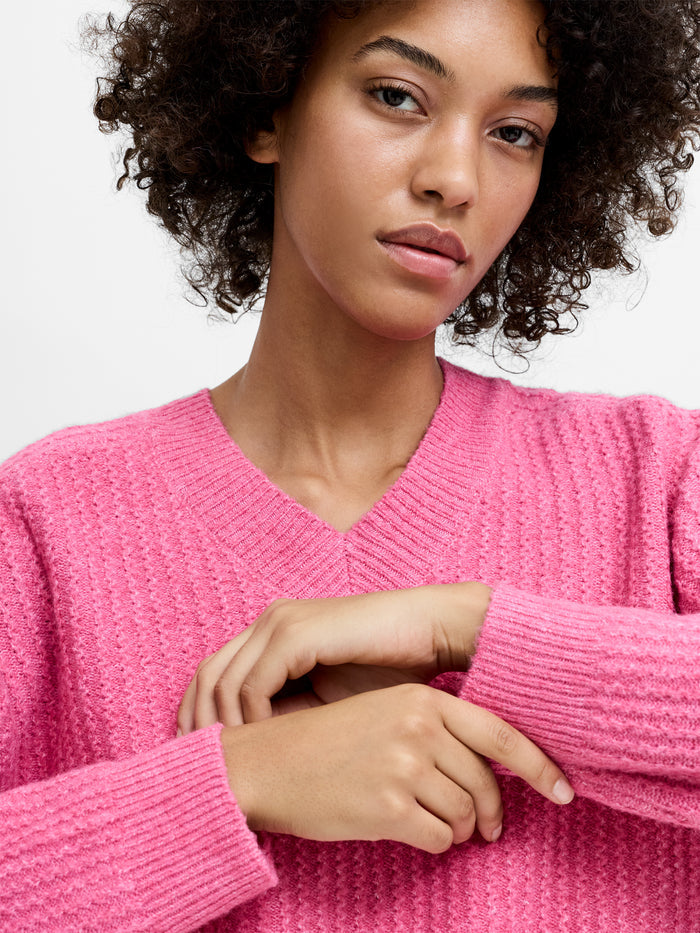 Kezia Pink Textured Knit V-Neck Jumper