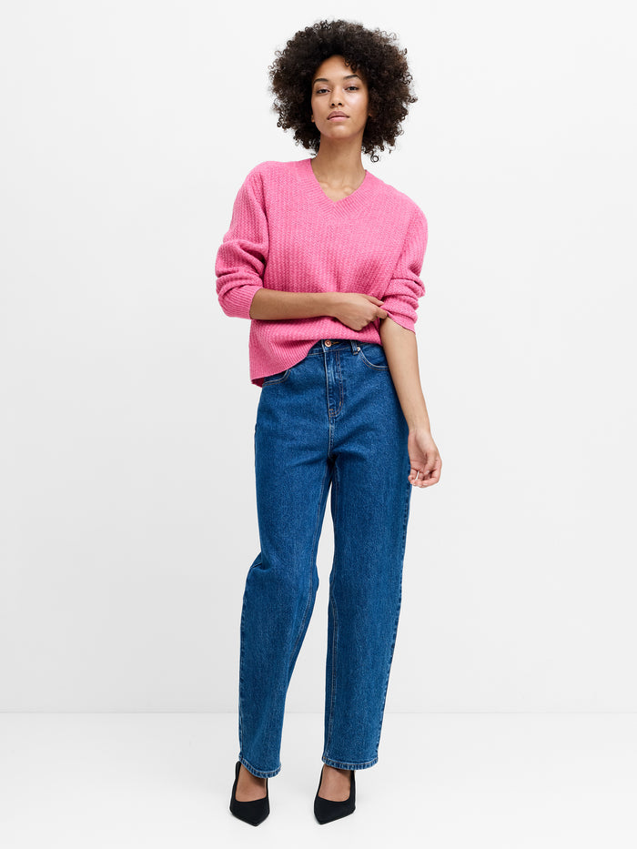 Kezia Pink Textured Knit V-Neck Jumper