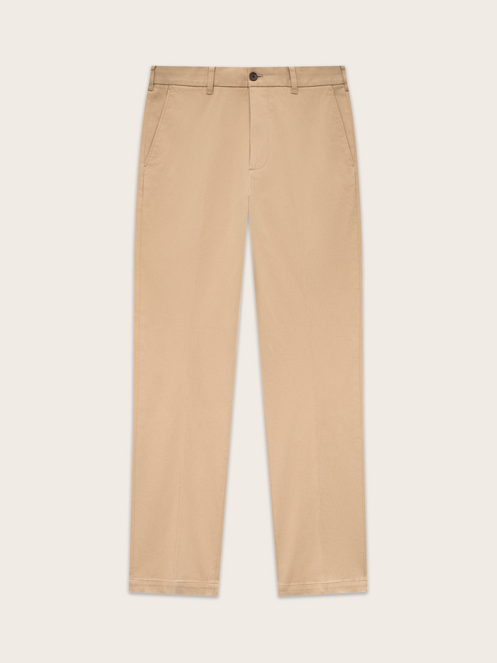 Khaki chino trousers flat lay, front view with belt loops and button fly