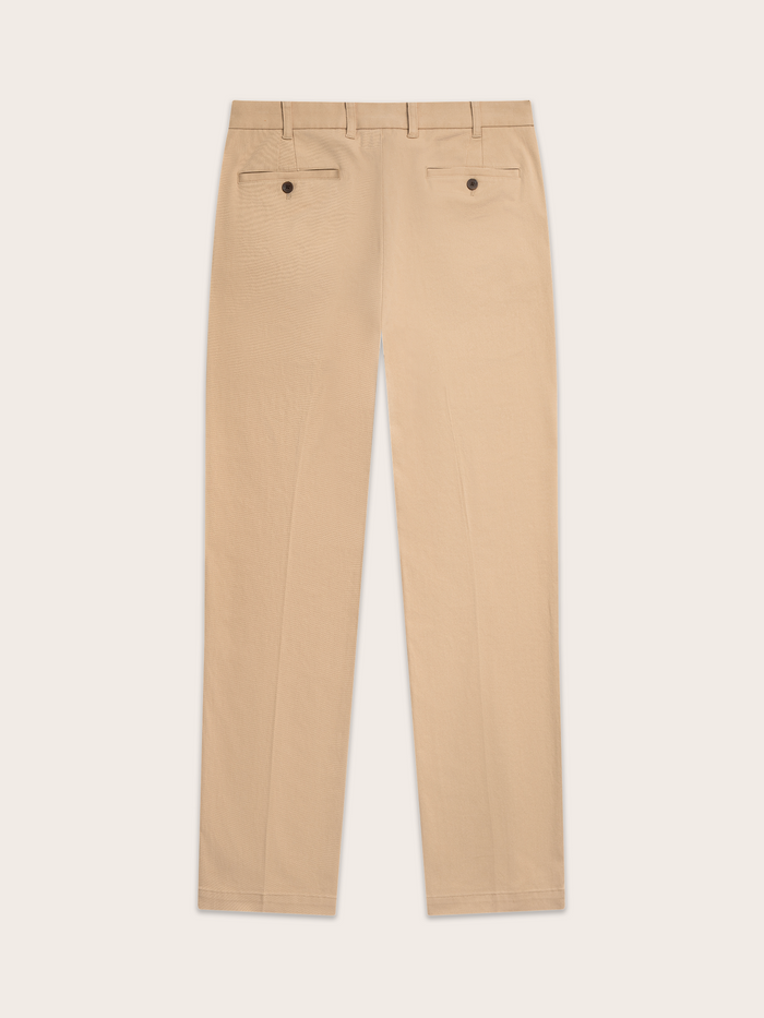 Khaki chino trousers flat lay, back view with welt pockets