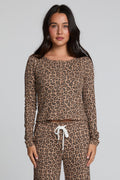 Front view of a woman wearing the Chaser  Klara Leopard Button Down Top on a neutral background