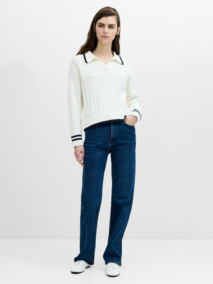 Klara White Cable Knit Polo Jumper