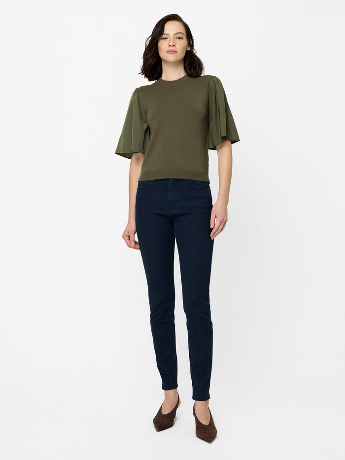 Krista Khaki Green Knit Flutter Sleeve Top