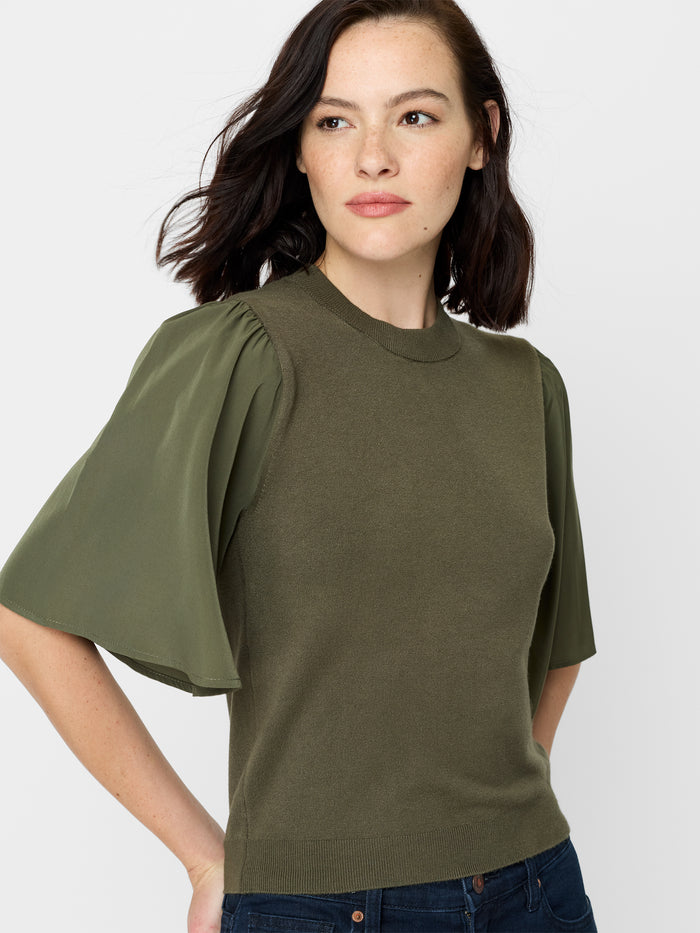Krista Khaki Green Knit Flutter Sleeve Top